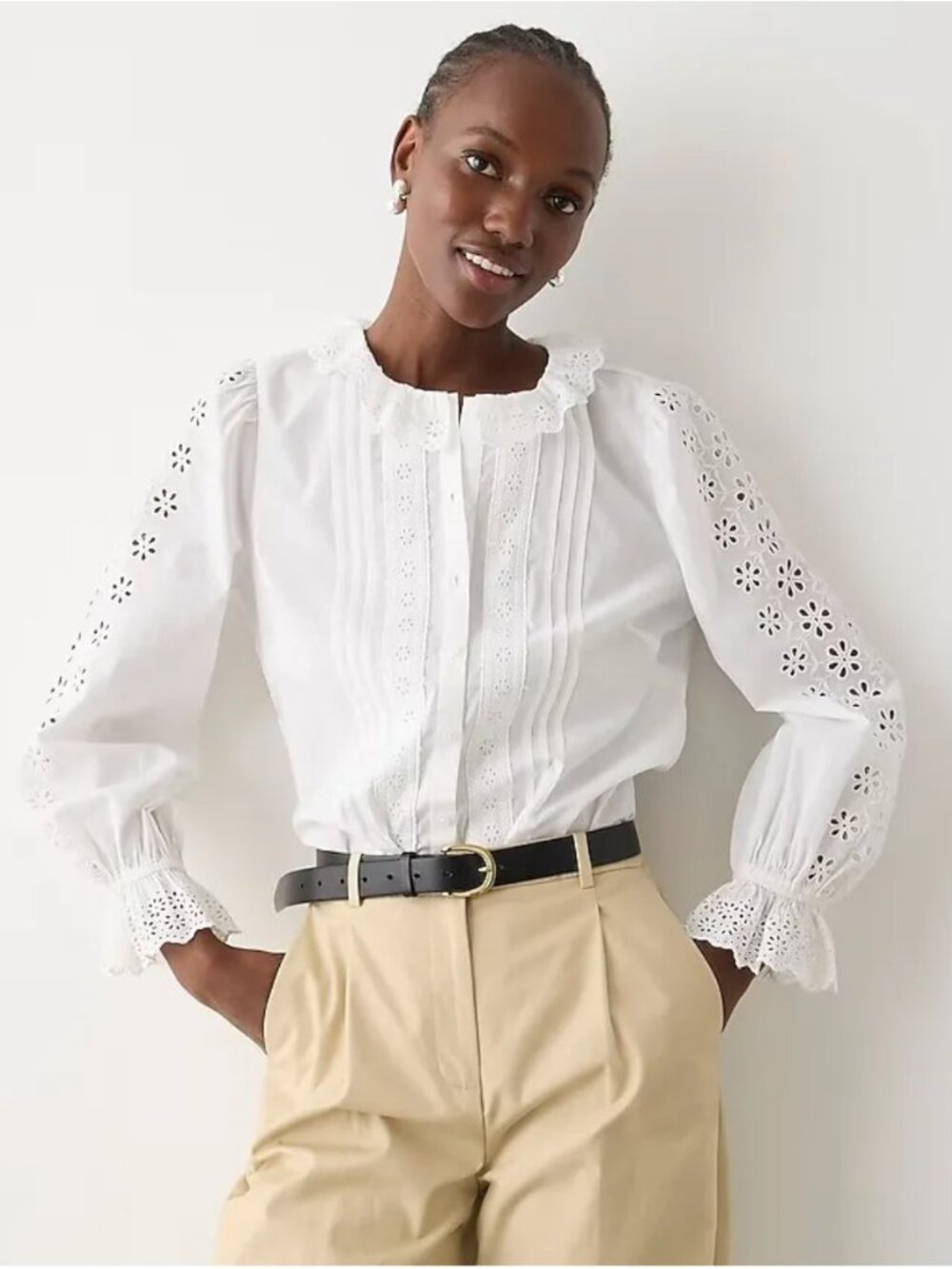 J. Crew White Eyelet Collar & Sleeve Button-Down Blouse S, NWT